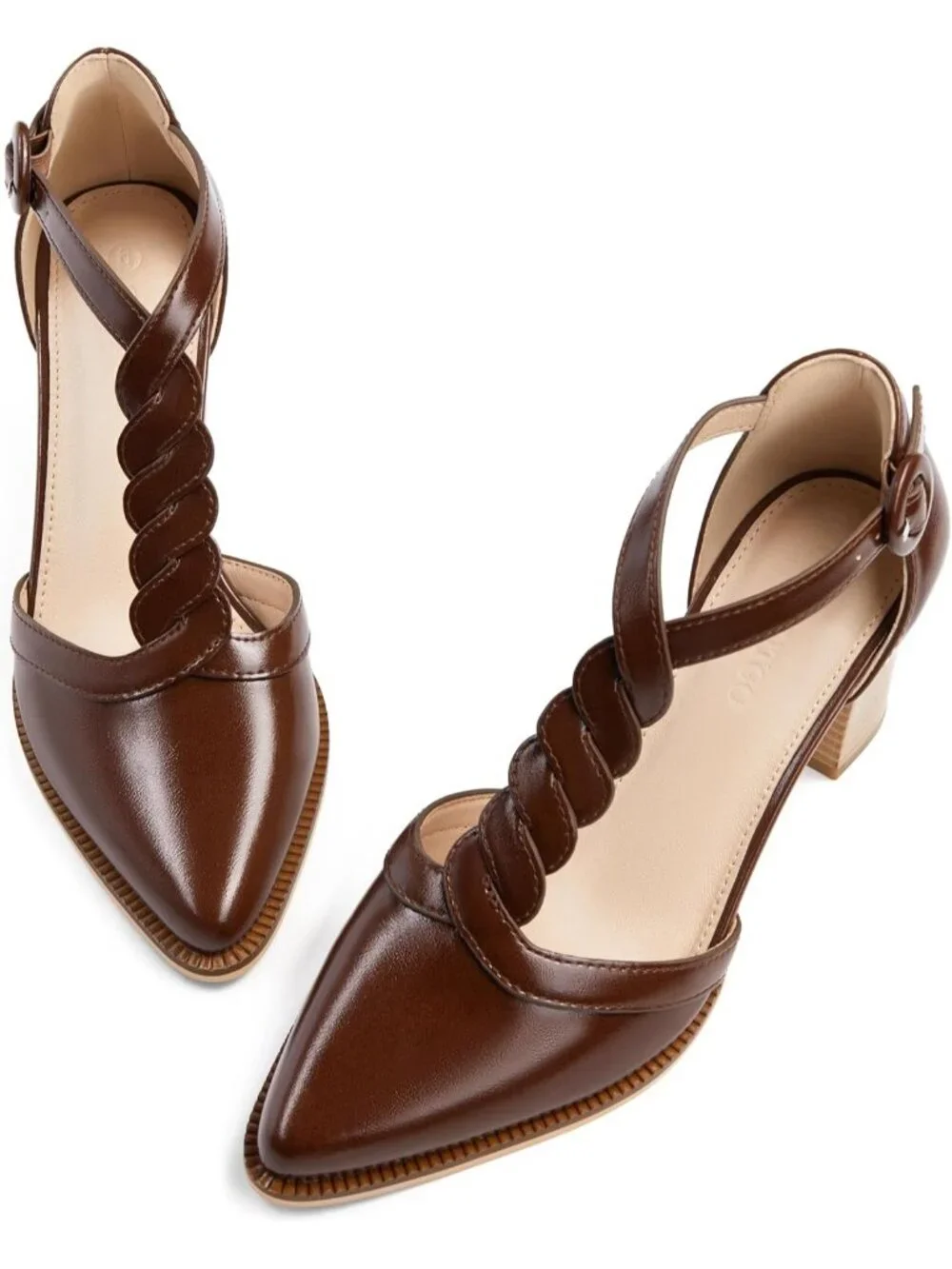 Women's Red-Brown Chunky Heels T Strap Pointed Toe Stacked Heeled Sandals Pumps
